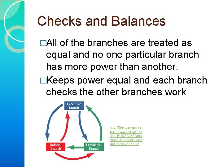Checks and Balances �All of the branches are treated as equal and no one