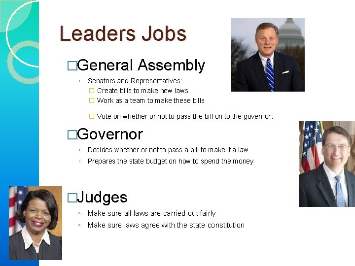 Leaders Jobs �General Assembly ◦ Senators and Representatives: � Create bills to make new