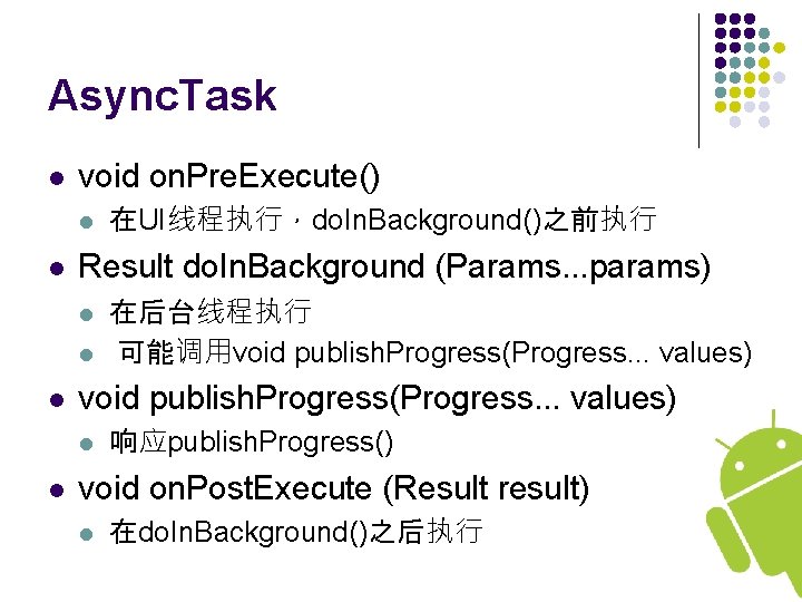 Async. Task l void on. Pre. Execute() l l Result do. In. Background (Params.