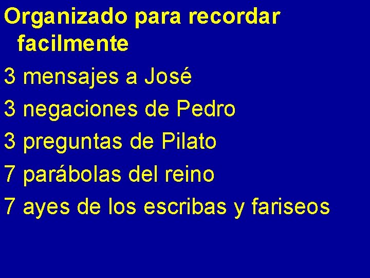 Organizado para recordar facilmente 3 mensajes a José 3 negaciones de Pedro 3 preguntas