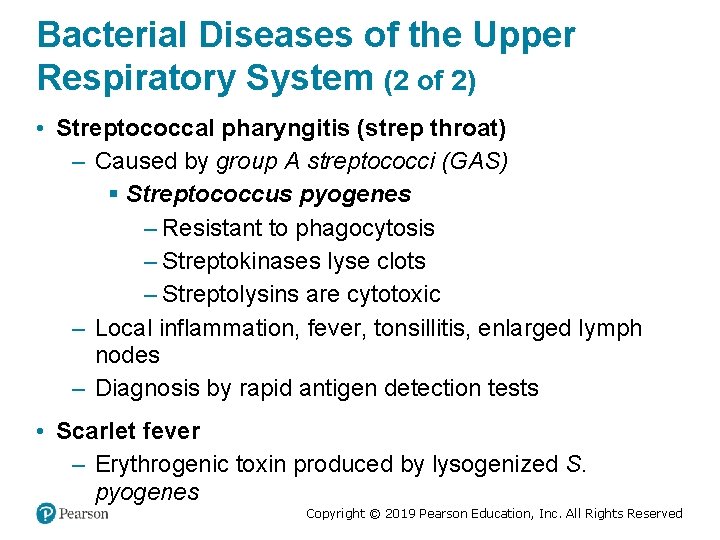 Bacterial Diseases of the Upper Respiratory System (2 of 2) • Streptococcal pharyngitis (strep