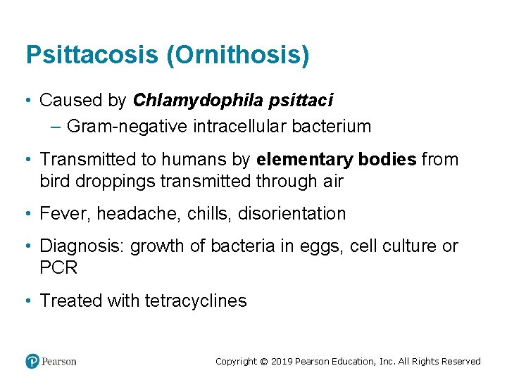 Psittacosis (Ornithosis) • Caused by Chlamydophila psittaci – Gram-negative intracellular bacterium • Transmitted to