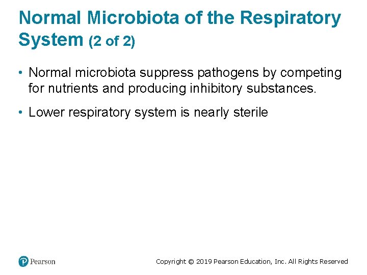 Normal Microbiota of the Respiratory System (2 of 2) • Normal microbiota suppress pathogens
