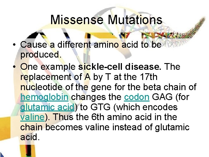 Missense Mutations • Cause a different amino acid to be produced. • One example