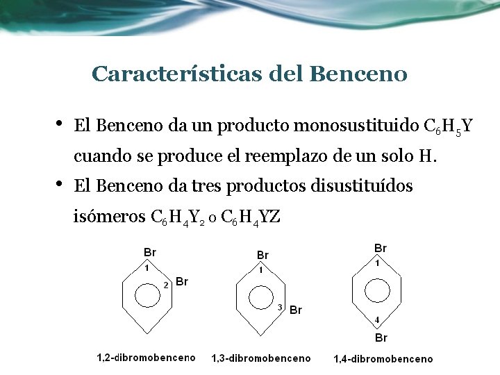 Características del Benceno • El Benceno da un producto monosustituido C 6 H 5