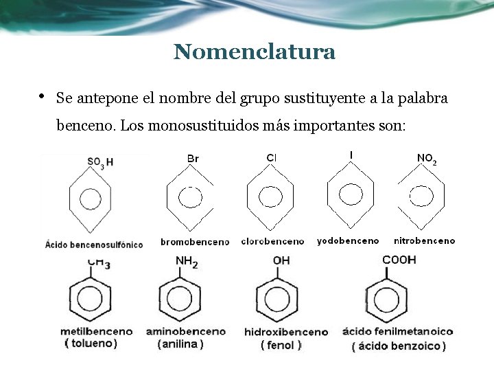 Nomenclatura • Se antepone el nombre del grupo sustituyente a la palabra benceno. Los