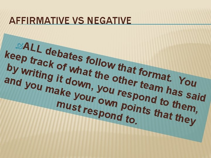 AFFIRMATIVE VS NEGATIVE AL L deb keep ates f track ollow of wh t