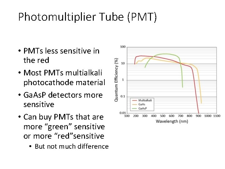 Photomultiplier Tube (PMT) • PMTs less sensitive in the red • Most PMTs multialkali