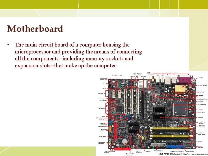 Motherboard • The main circuit board of a computer housing the microprocessor and providing