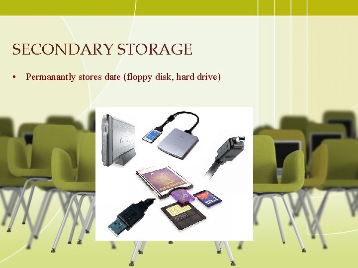 SECONDARY STORAGE • Permanantly stores date (floppy disk, hard drive)  SECONDARY STORAGE • Permanantly stores date (floppy disk, hard drive)