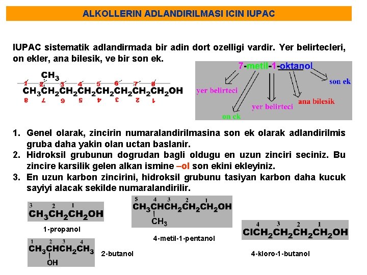 ALKOLLERIN ADLANDIRILMASI ICIN IUPAC sistematik adlandirmada bir adin dort ozelligi vardir. Yer belirtecleri, on