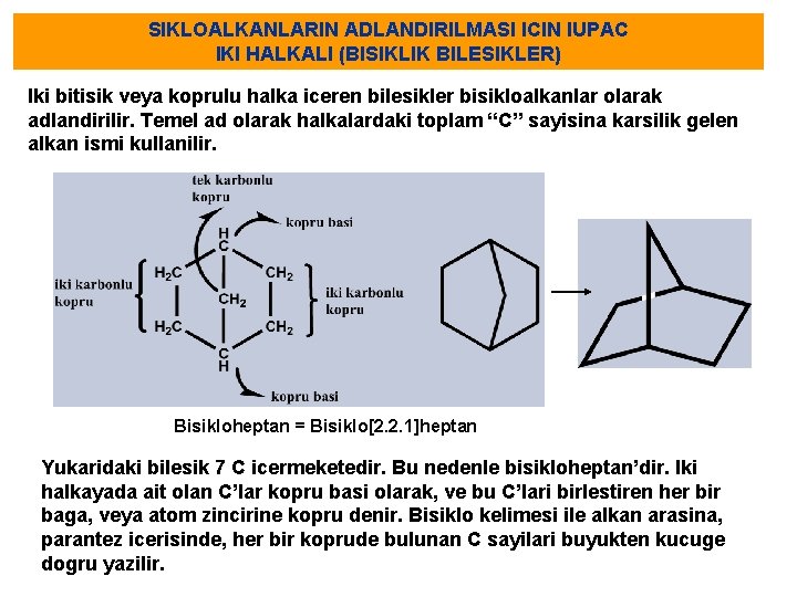 SIKLOALKANLARIN ADLANDIRILMASI ICIN IUPAC IKI HALKALI (BISIKLIK BILESIKLER) Iki bitisik veya koprulu halka iceren