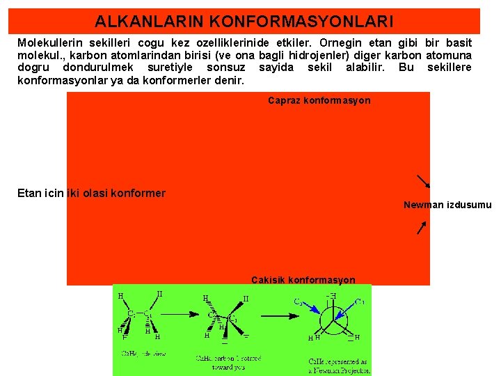 ALKANLARIN KONFORMASYONLARI Molekullerin sekilleri cogu kez ozelliklerinide etkiler. Ornegin etan gibi bir basit molekul.