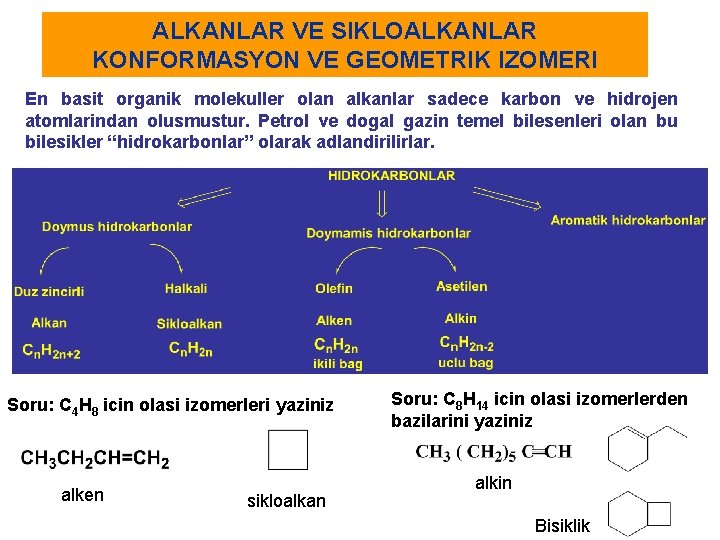 ALKANLAR VE SIKLOALKANLAR KONFORMASYON VE GEOMETRIK IZOMERI En basit organik molekuller olan alkanlar sadece