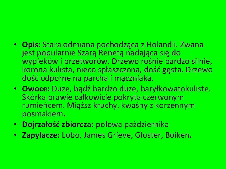  • Opis: Stara odmiana pochodząca z Holandii. Zwana jest popularnie Szarą Renetą nadająca