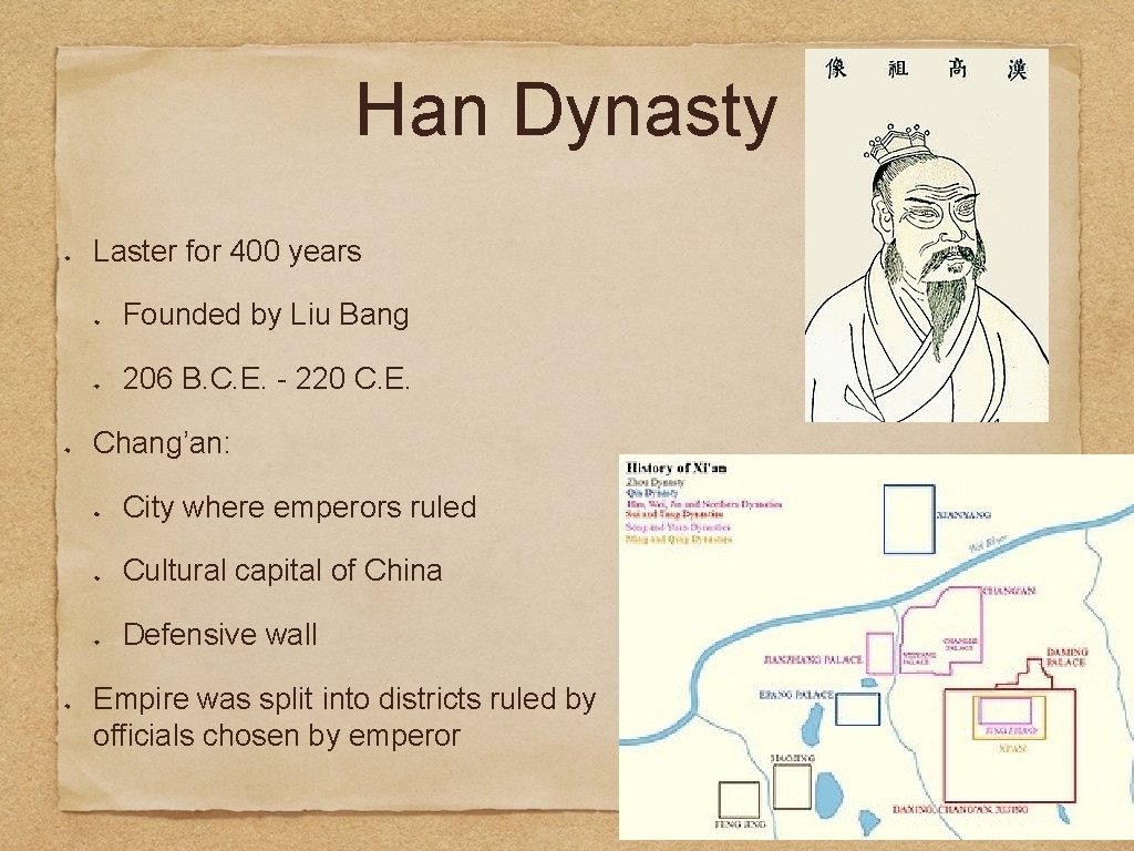 Han Dynasty Laster for 400 years Founded by Liu Bang 206 B. C. E.