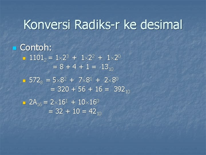 Konversi Radiks-r ke desimal n Contoh: n n n 11012 = 1 23 +