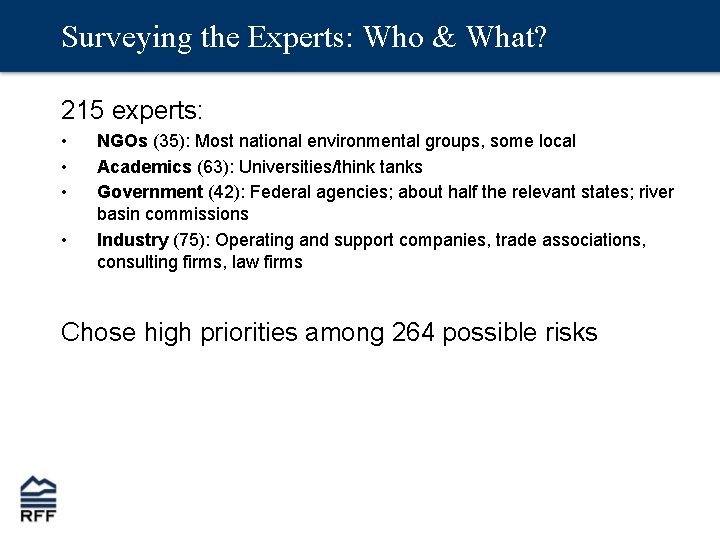 Surveying the Experts: Who & What? 215 experts: • • NGOs (35): Most national