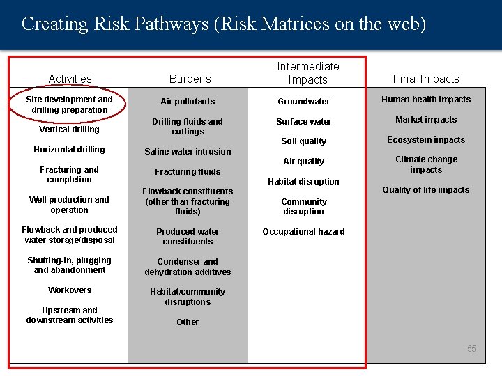 Creating Risk Pathways (Risk Matrices on the web) Intermediate Impacts Activities Burdens Site development