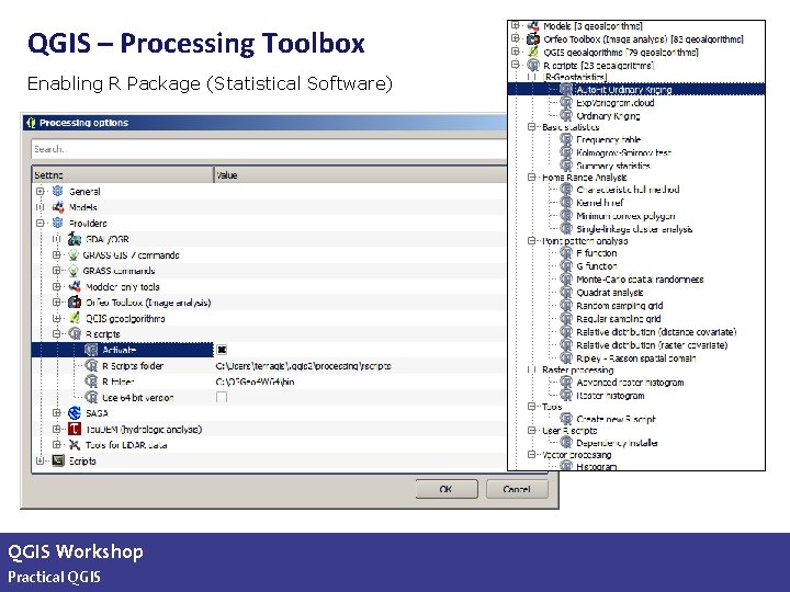 QGIS – Processing Toolbox Enabling R Package (Statistical Software) QGIS Workshop Practical QGIS slide