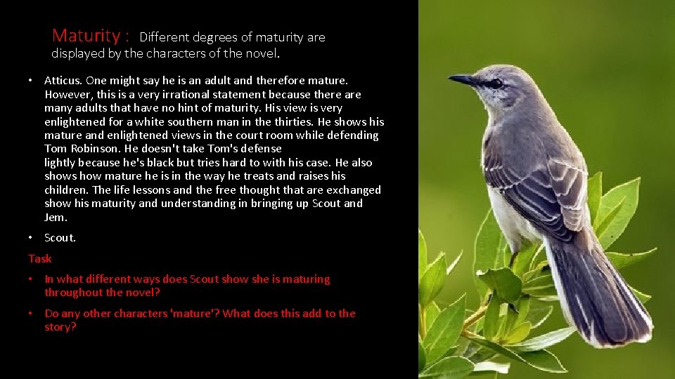 Maturity : Different degrees of maturity are displayed by the characters of the novel.