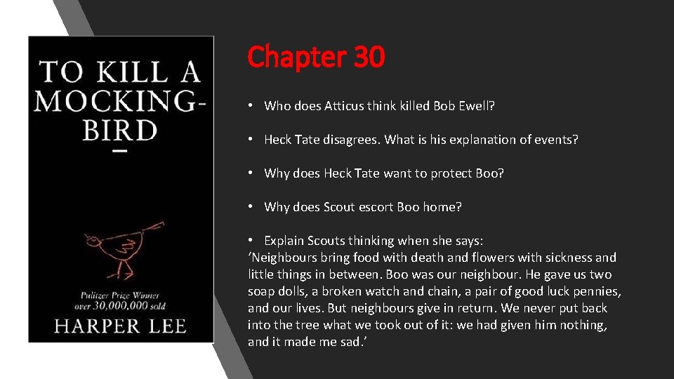 Chapter 30 • Who does Atticus think killed Bob Ewell? • Heck Tate disagrees.