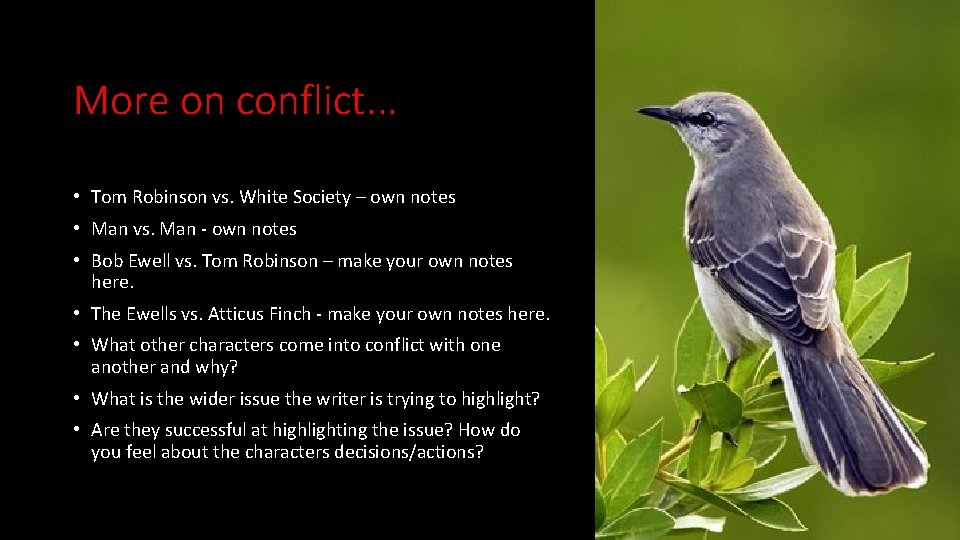 More on conflict. . . • Tom Robinson vs. White Society – own notes