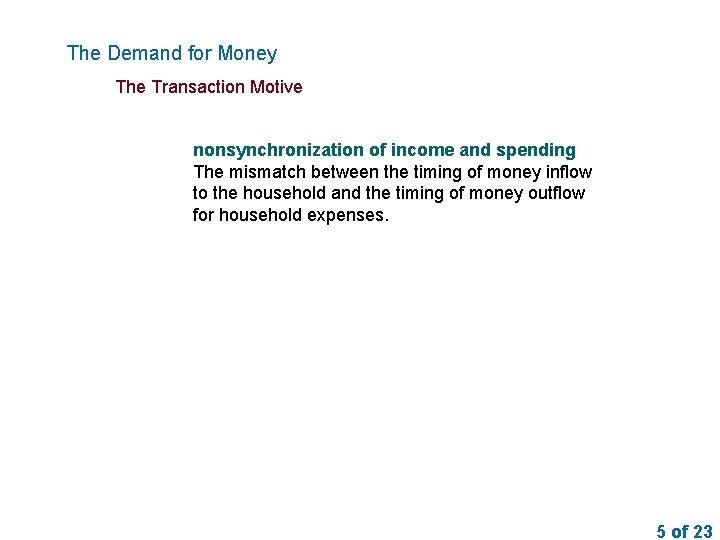 The Demand for Money The Transaction Motive nonsynchronization of income and spending The mismatch