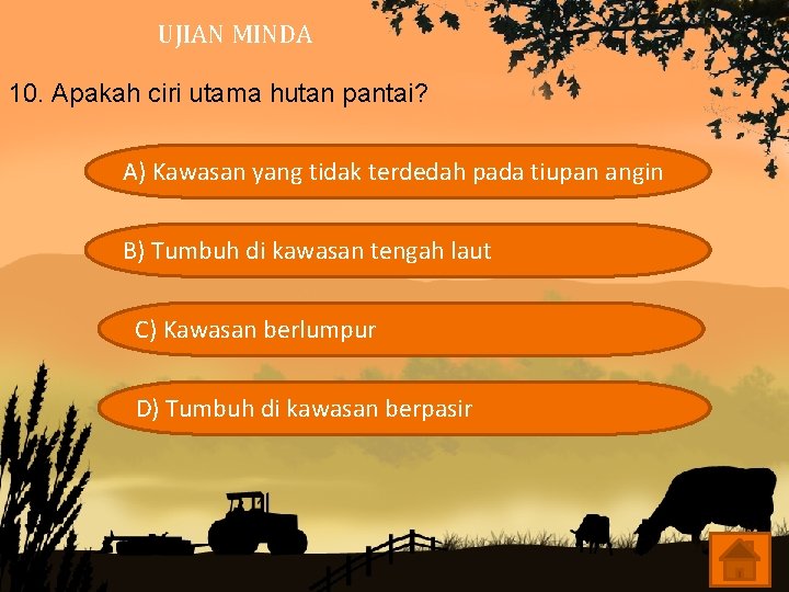 UJIAN MINDA 10. Apakah ciri utama hutan pantai? A) Kawasan yang tidak terdedah pada