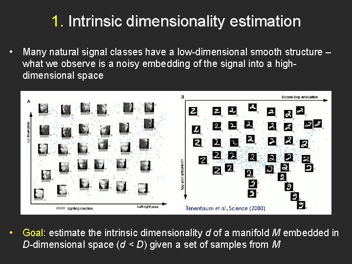 1. Intrinsic dimensionality estimation • Many natural signal classes have a low-dimensional smooth structure