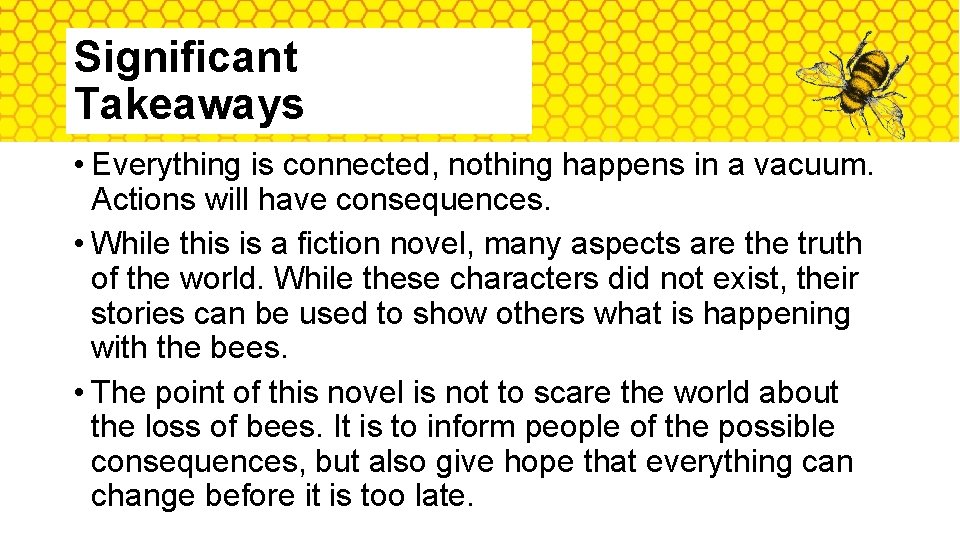Significant Takeaways • Everything is connected, nothing happens in a vacuum. Actions will have