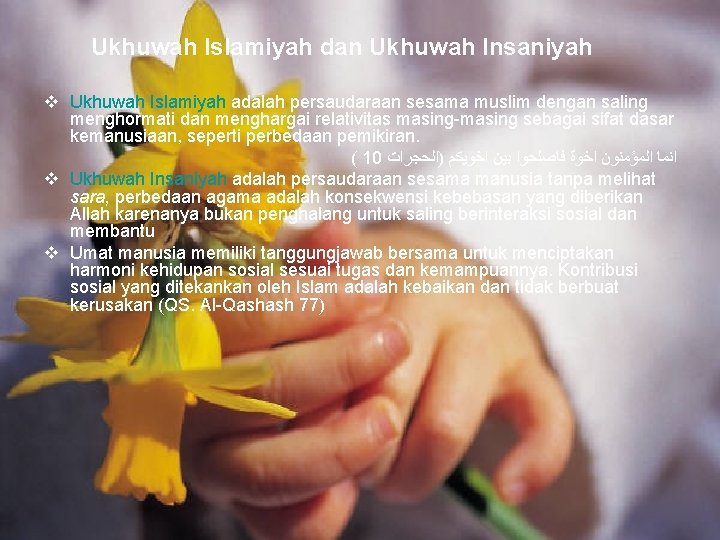 Ukhuwah Islamiyah dan Ukhuwah Insaniyah v Ukhuwah Islamiyah adalah persaudaraan sesama muslim dengan saling