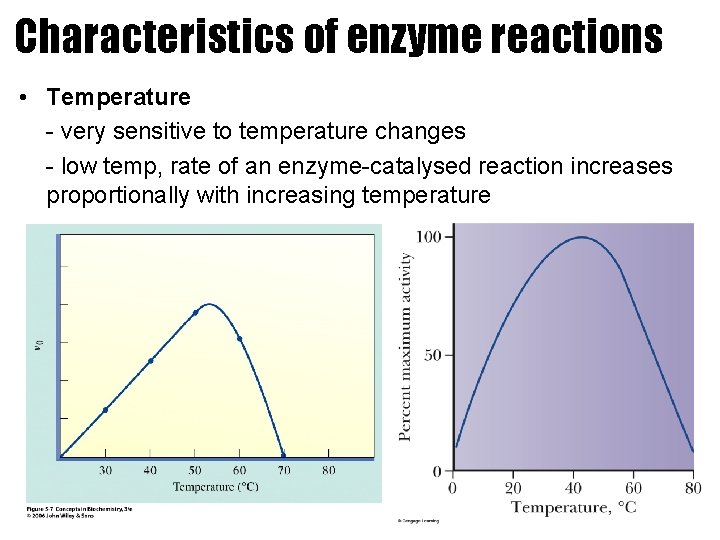 Characteristics of enzyme reactions • Temperature - very sensitive to temperature changes - low