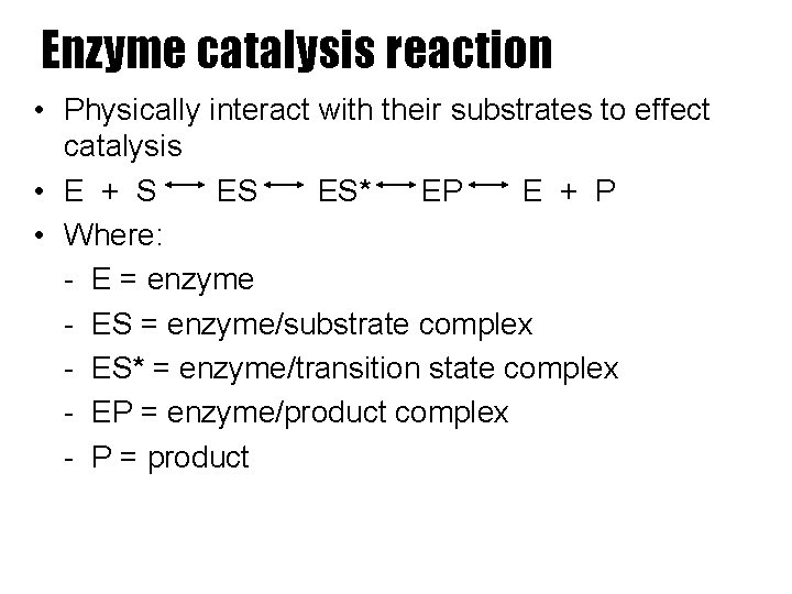Enzyme catalysis reaction • Physically interact with their substrates to effect catalysis • E