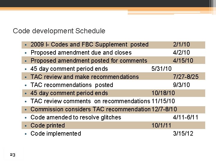 Code development Schedule • • • 23 2009 I- Codes and FBC Supplement posted Code development Schedule • • • 23 2009 I- Codes and FBC Supplement posted