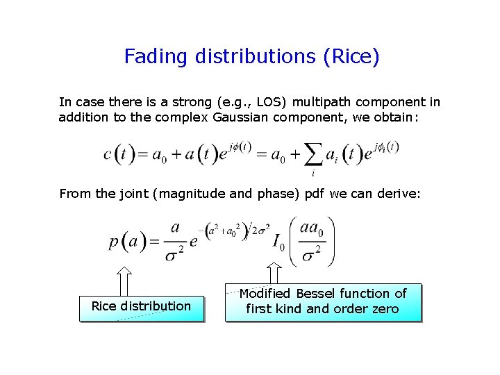 Fading distributions (Rice) In case there is a strong (e. g. , LOS) multipath Fading distributions (Rice) In case there is a strong (e. g. , LOS) multipath