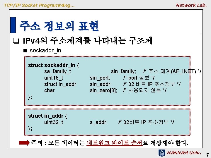 TCP/IP Socket Programming… Network Lab. 주소 정보의 표현 q IPv 4의 주소체계를 나타내는 구조체