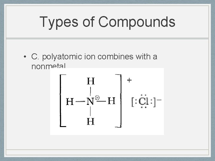 Types of Compounds • C. polyatomic ion combines with a nonmetal 