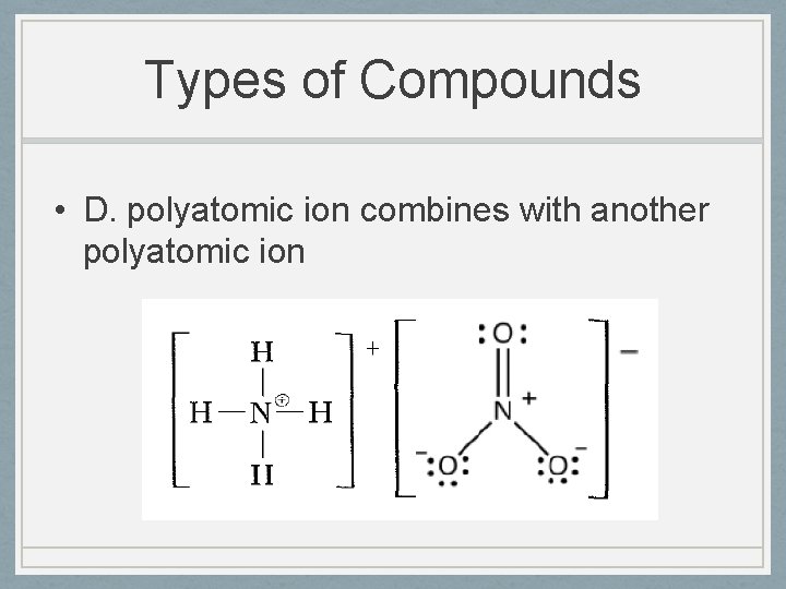 Types of Compounds • D. polyatomic ion combines with another polyatomic ion 