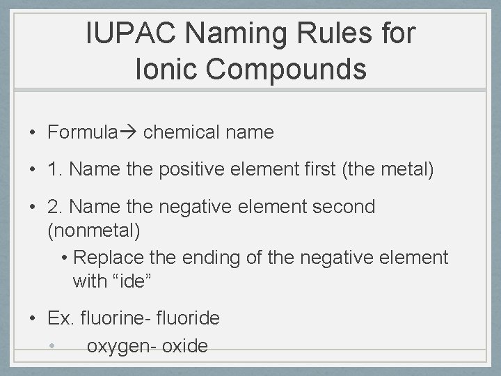 IUPAC Naming Rules for Ionic Compounds • Formula chemical name • 1. Name the