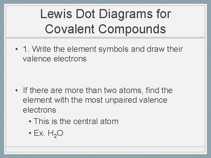 Lewis Dot Diagrams for Covalent Compounds • 1. Write the element symbols and draw