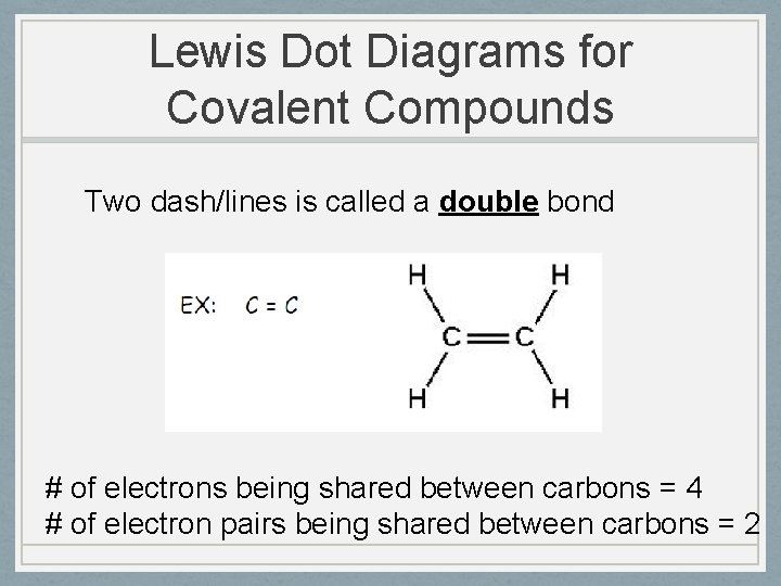 Lewis Dot Diagrams for Covalent Compounds Two dash/lines is called a double bond #