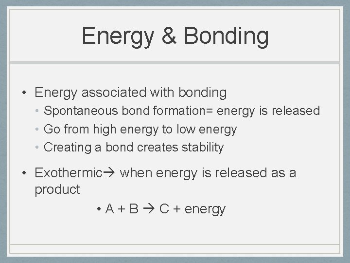 Energy & Bonding • Energy associated with bonding • Spontaneous bond formation= energy is