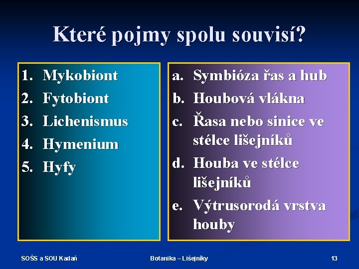 Které pojmy spolu souvisí? 1. 2. 3. 4. 5. Mykobiont Fytobiont Lichenismus Hymenium Hyfy