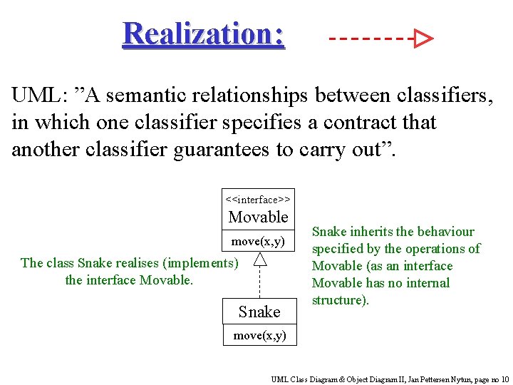 Realization: UML: ”A semantic relationships between classifiers, in which one classifier specifies a contract