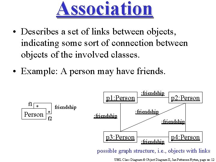 Association • Describes a set of links between objects, indicating some sort of connection