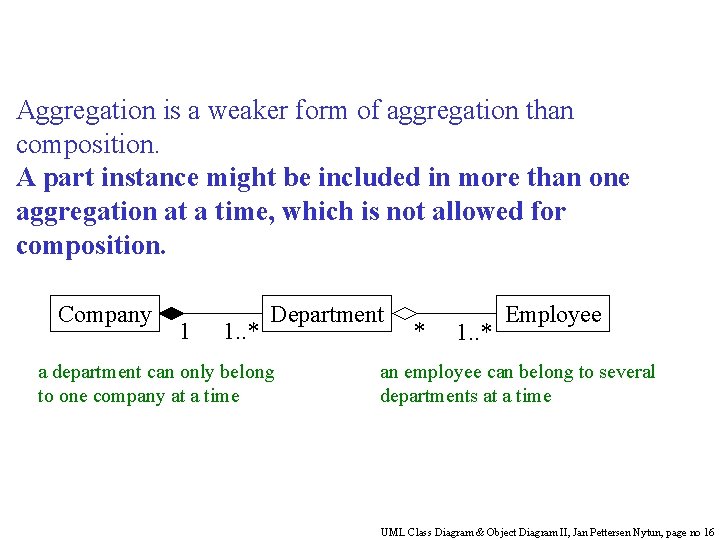 Aggregation is a weaker form of aggregation than composition. A part instance might be