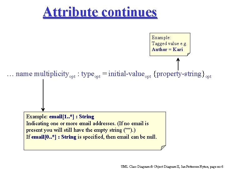 Attribute continues Example: Tagged value e. g. Author = Kari … name multiplicityopt :