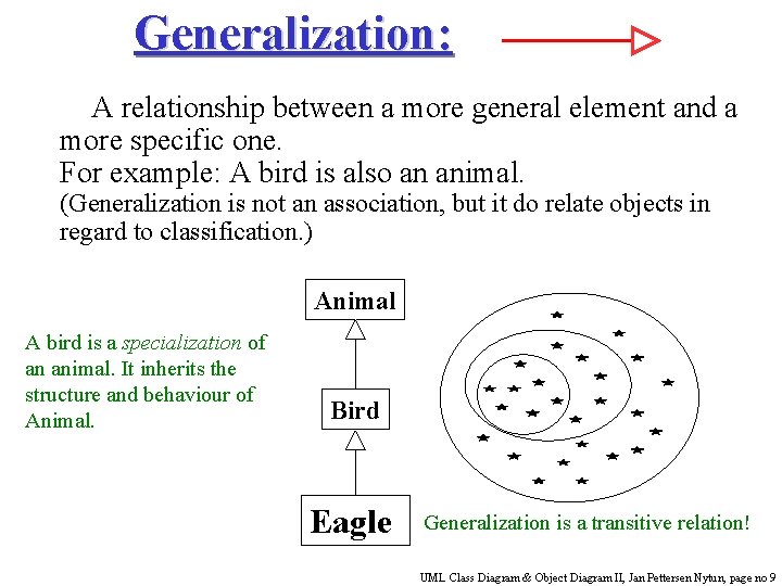 Generalization: A relationship between a more general element and a more specific one. For