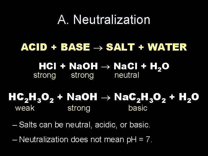 A. Neutralization ACID + BASE SALT + WATER HCl + Na. OH Na. Cl